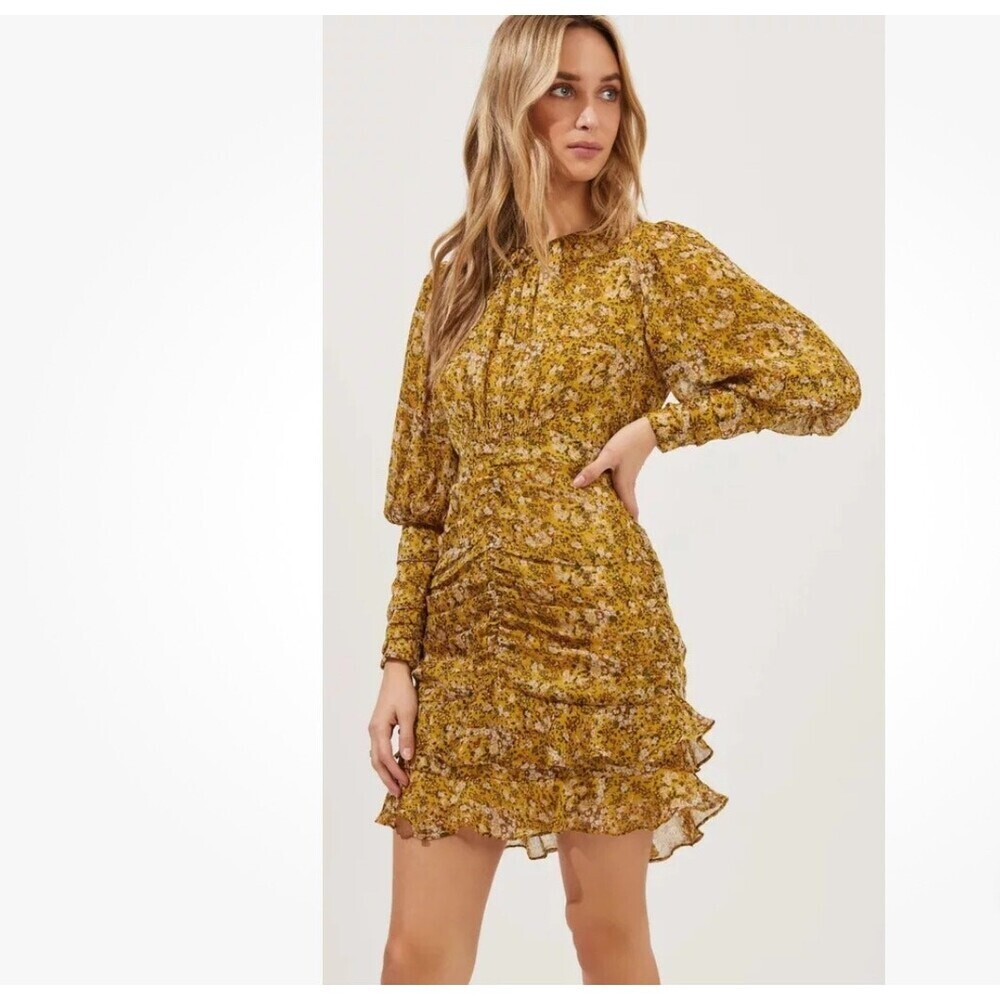 Astr MINI DRESS CLAREMORE yellow FLORAL RUCHED LONG PUFF SLEEVE SZ SM ruffled